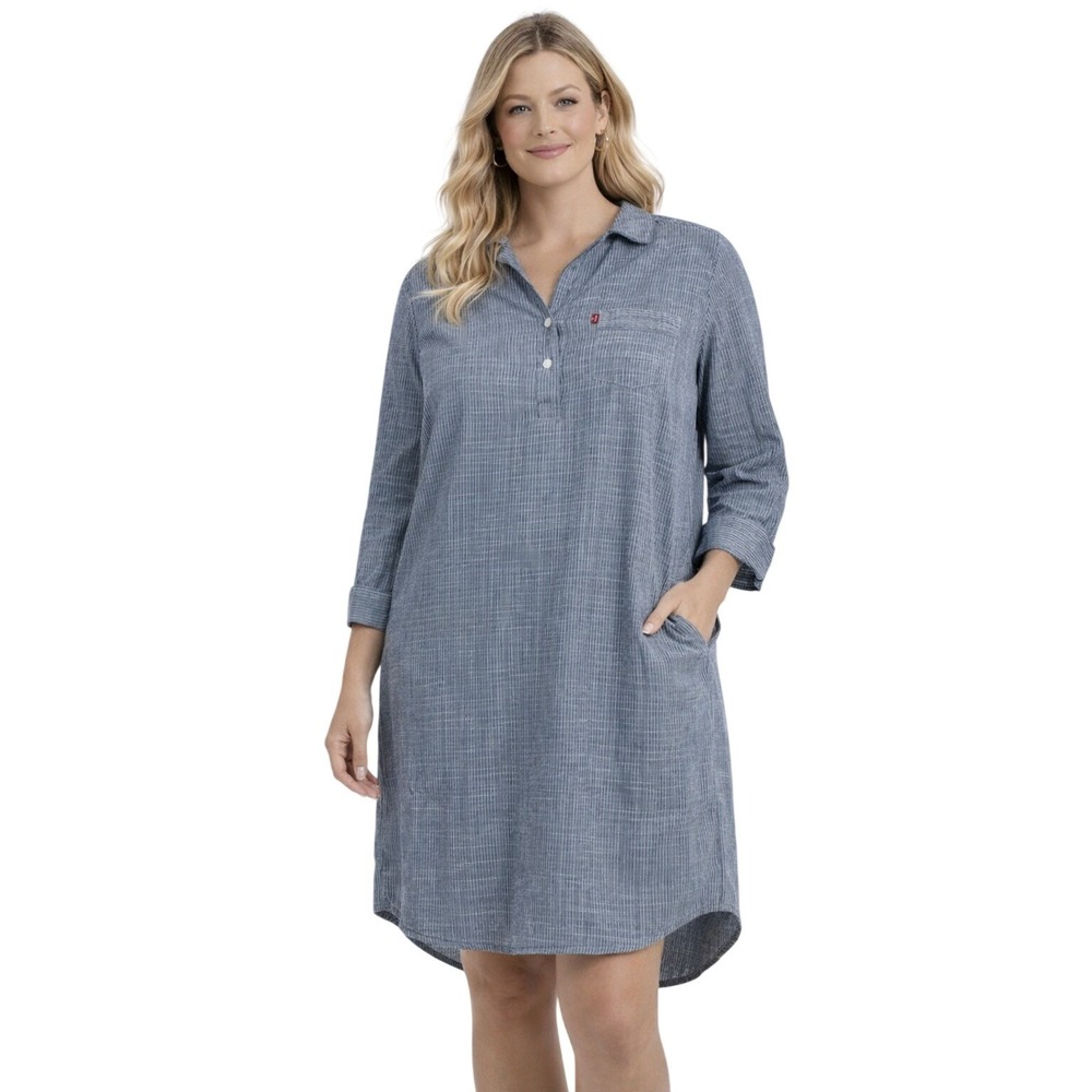 Levi's Shirt Dress Women Medium Blue White Striped Long Sleeve Henley Mini